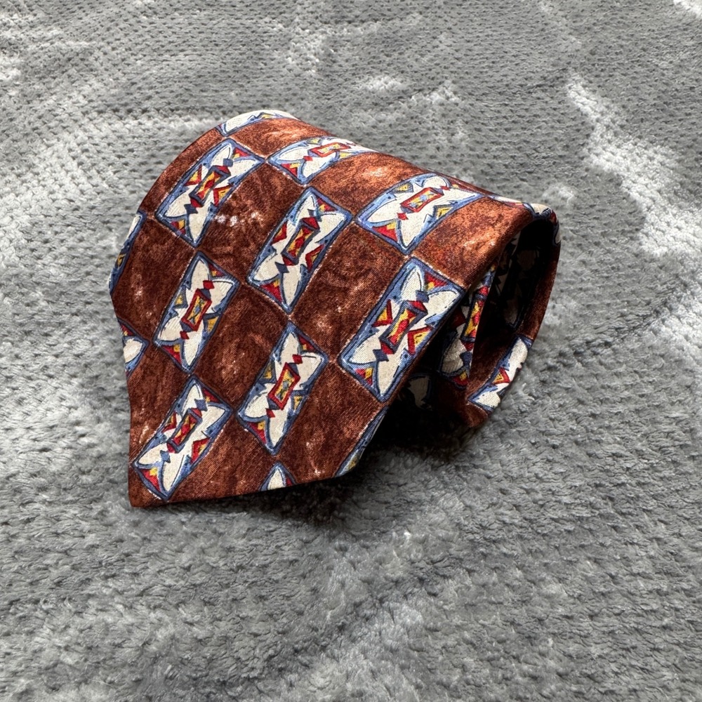 Embassy Square Mens Silk‎ Tie Brown Geometric Print Made in USA Italian Fabric